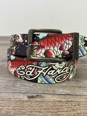 Ed Hardy Koi Fish Graphic Belt Studded Buckle Multicolor Size 36 Y2K Streetwear